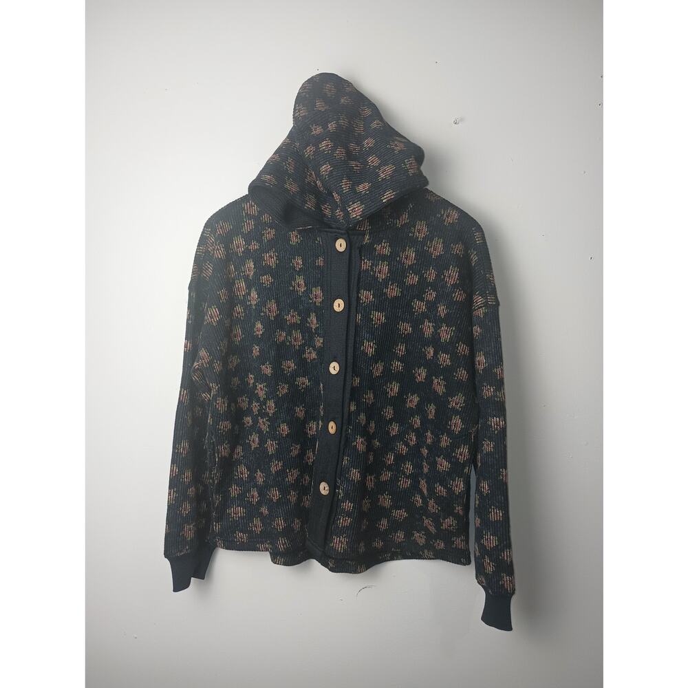 Aemi + Co Floral Button Up Hooded Jacket Waffle Knit Thermal Button Women Small